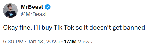 MrBeast tweet reading "Okay fine, I’ll buy Tik Tok so it doesn’t get banned."