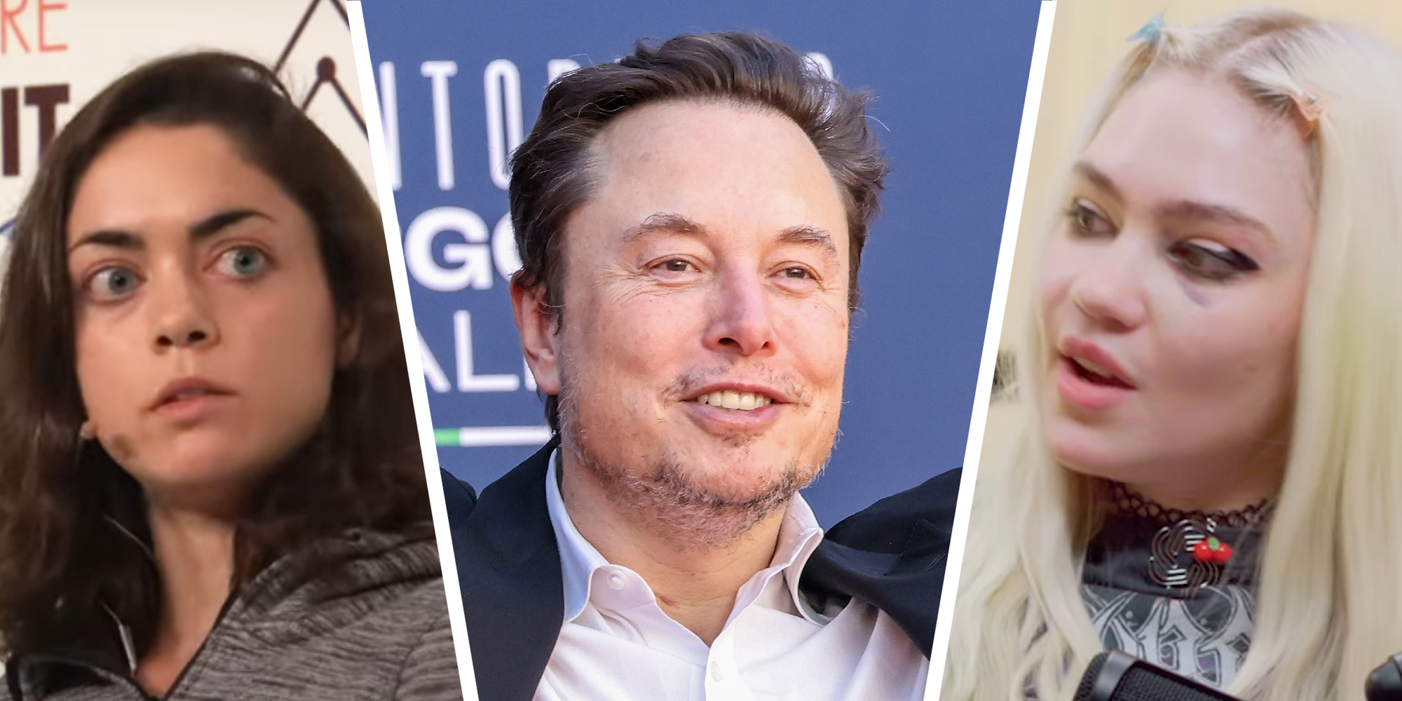 3 panel imae showing Shivon Zilis, Elon Musk, and Grimes.
