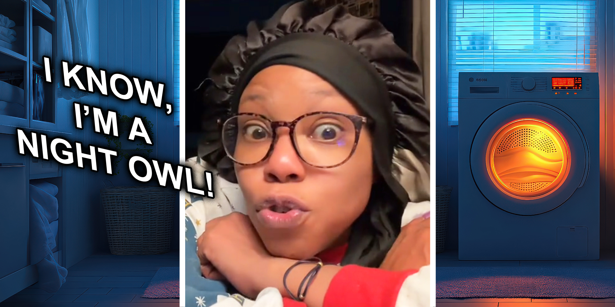 3 panel image: on the side is a laundry room at night with a washing machine lit up from the inside.