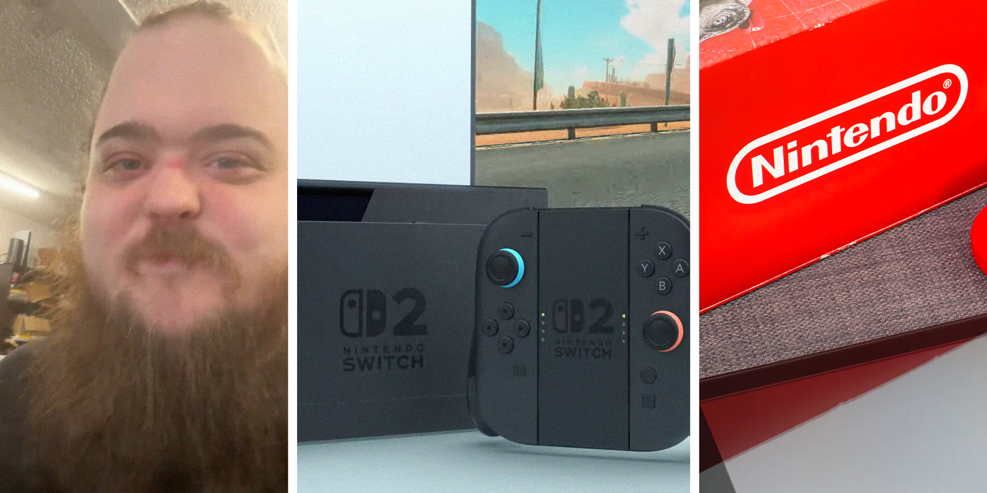 man shares nintendo switch 2 flaw(l) Nintendo Switch Two and Controller(c) Nintendo brand on red box(r)