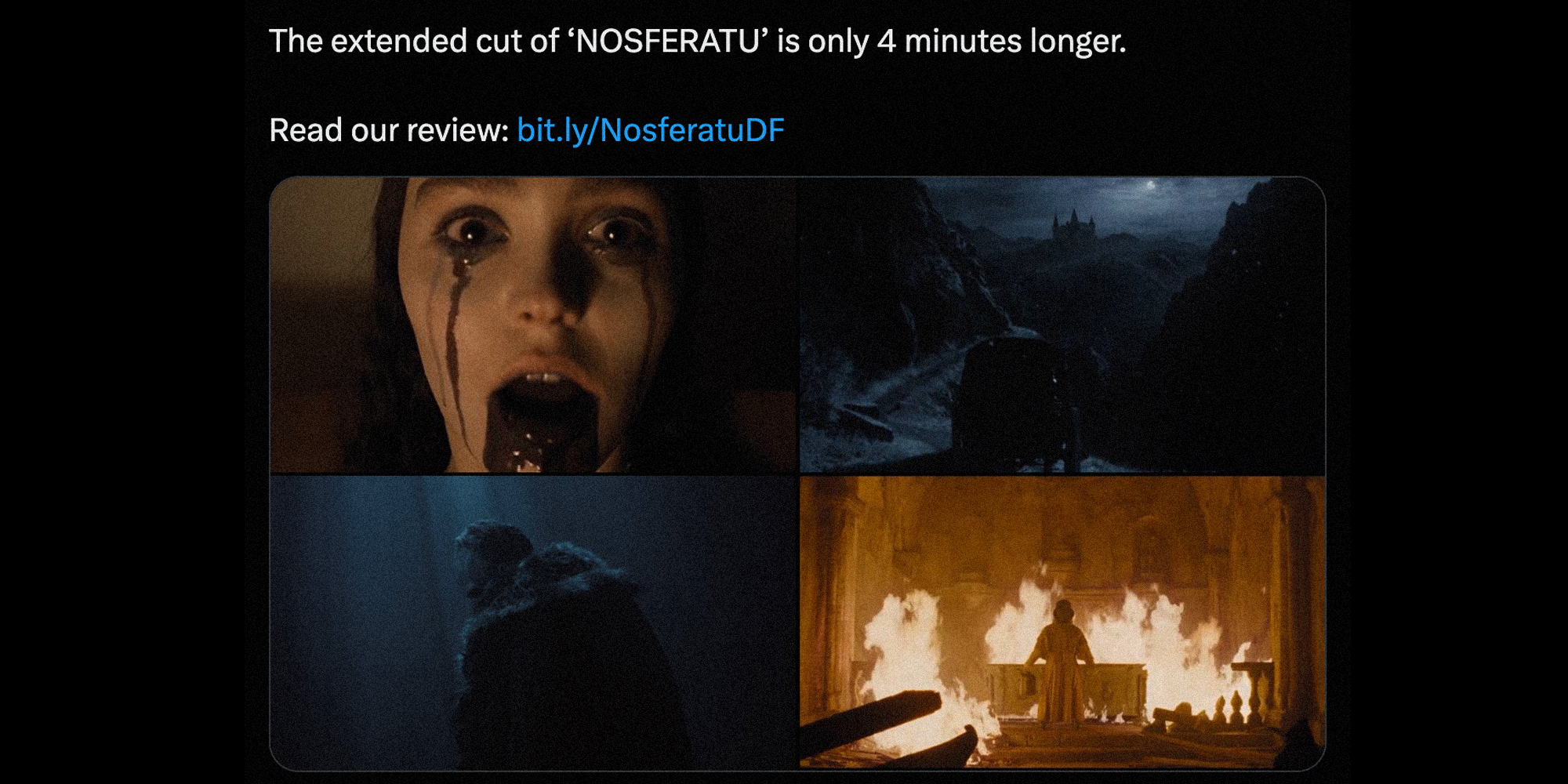 text "the extended cut of "nosferatu" is only 4 minutes longer. Read our review" and four screenshots from the movie