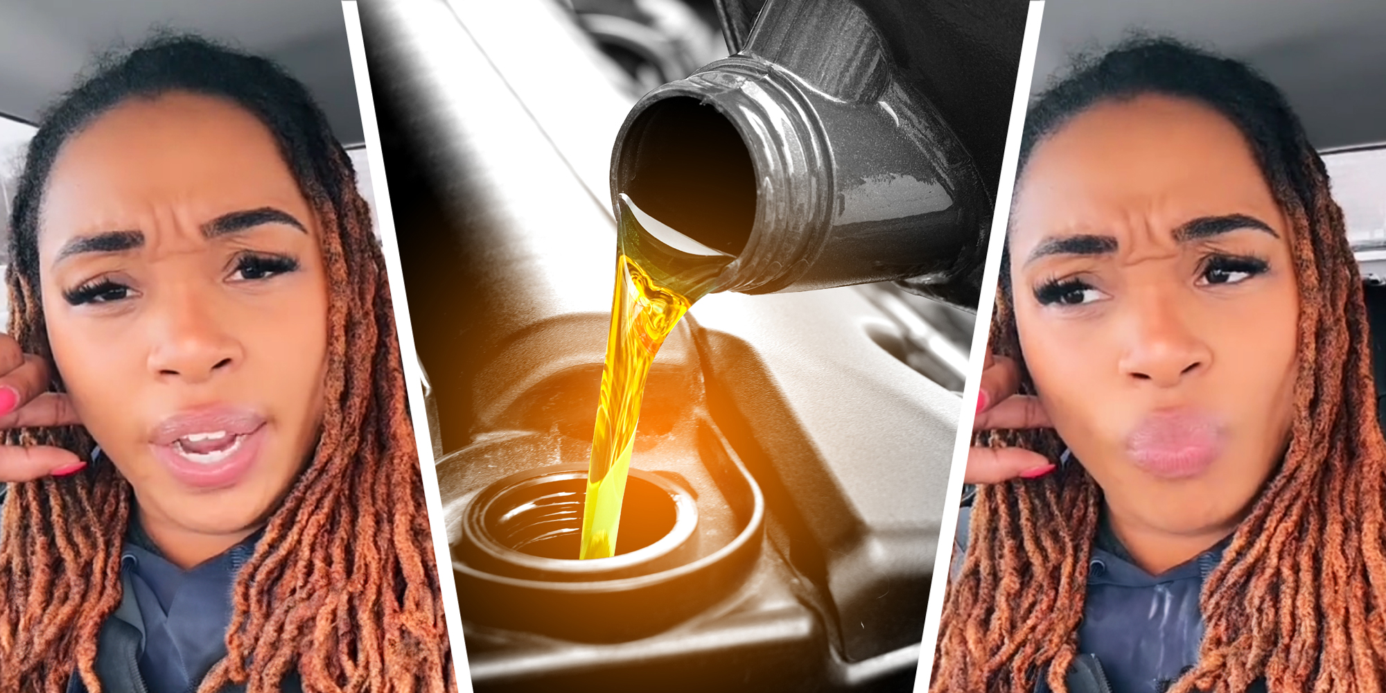 3 panel image of oil pouring into an engine and a person explaining.