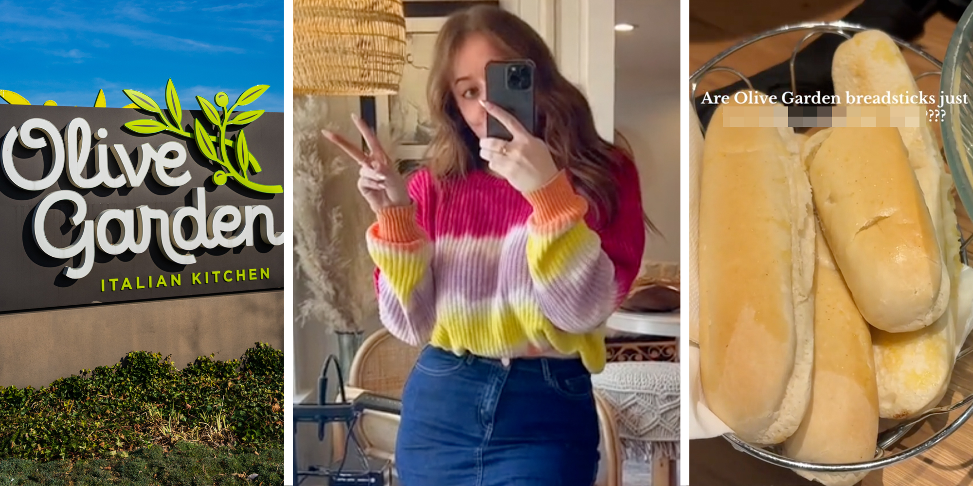 Olive Garden sign(l), Woman giving peace sign with phone(c), Olive Garden breadsticks(r)