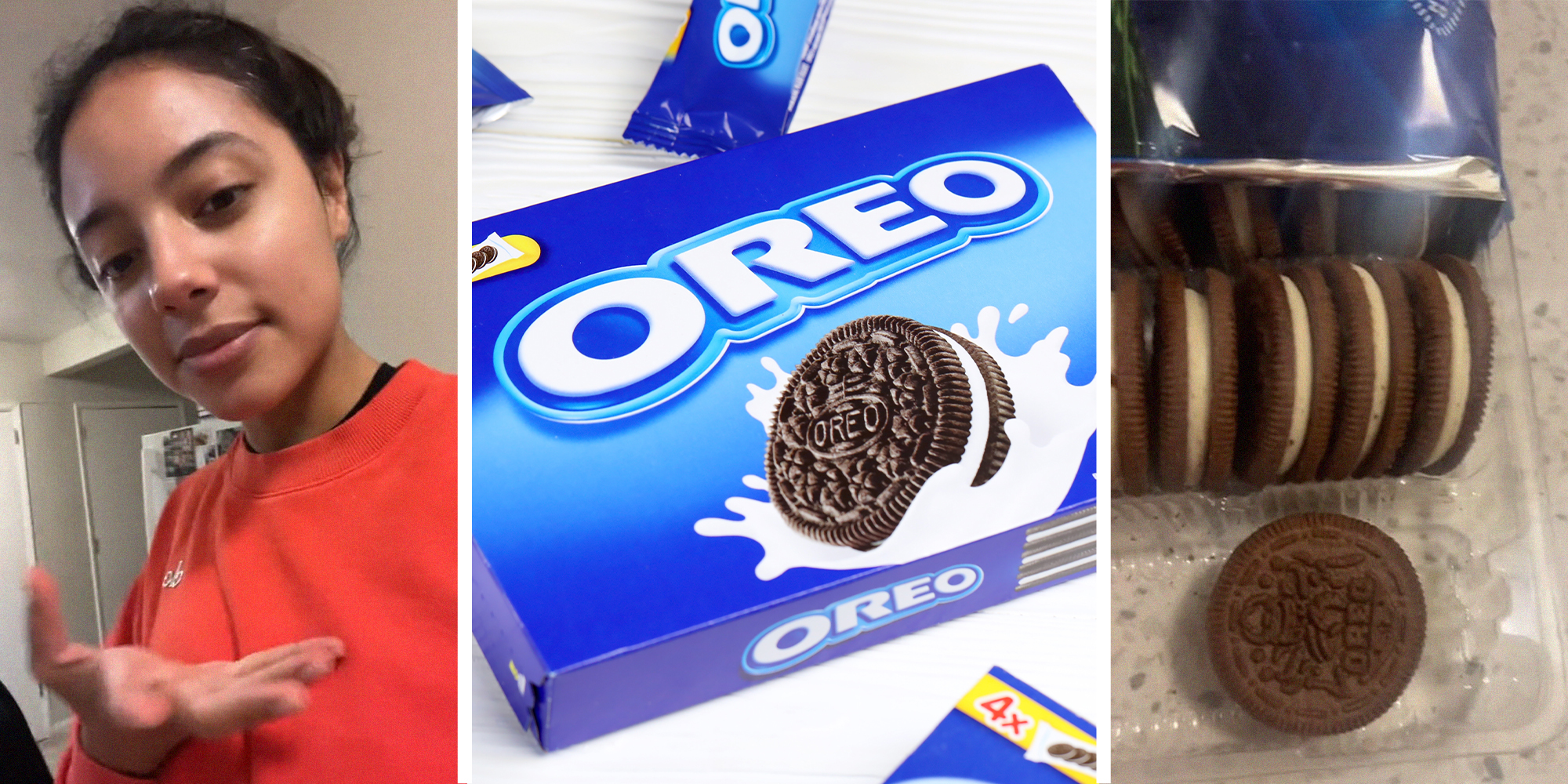 woman with her hand opened making gesture(l) Oreo Package(c) Oreo Cookies on plastic tray(r)