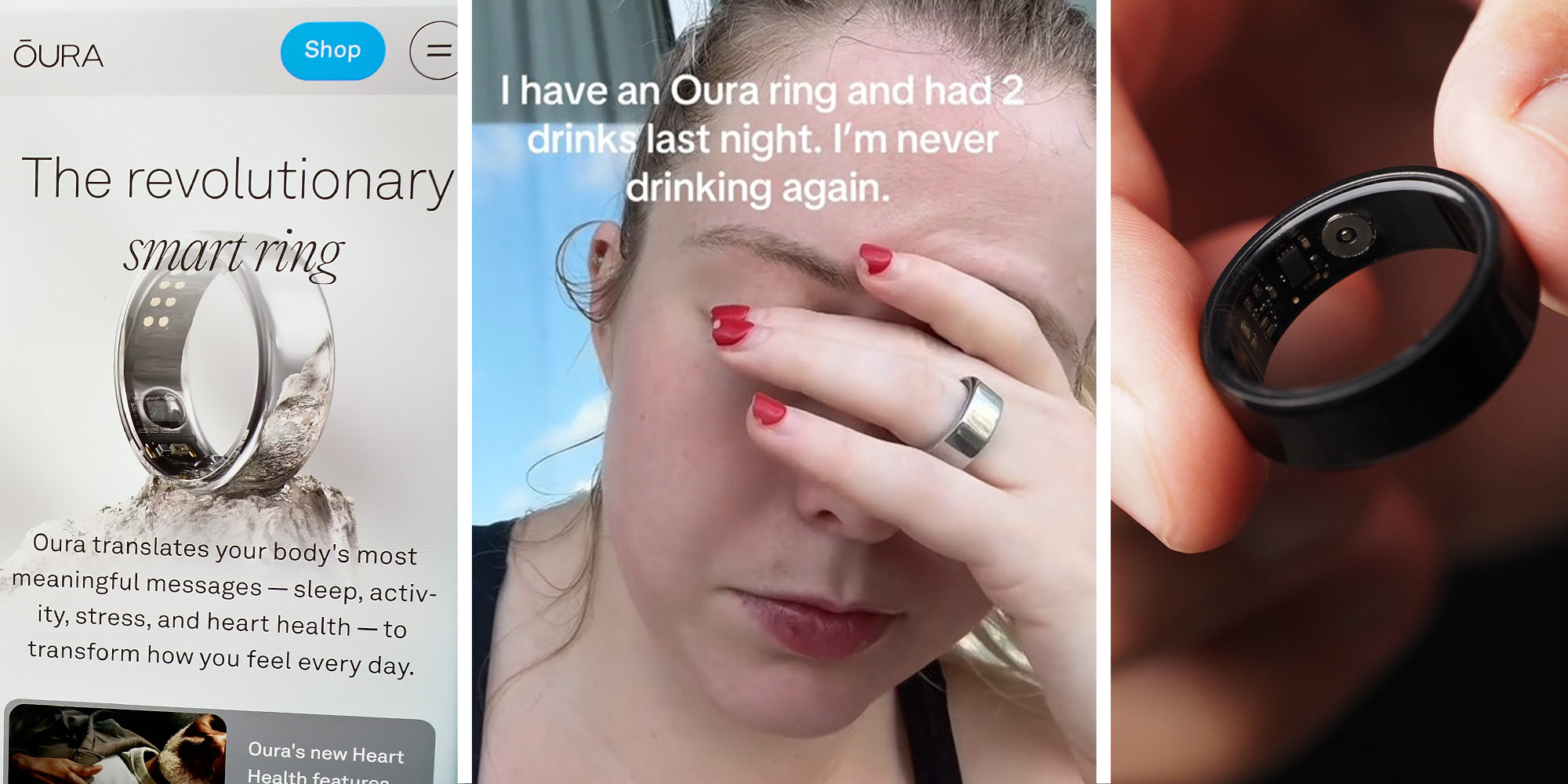 Oura Ring marketing site(l) Woman covering her face(c) Smart Ring(r)