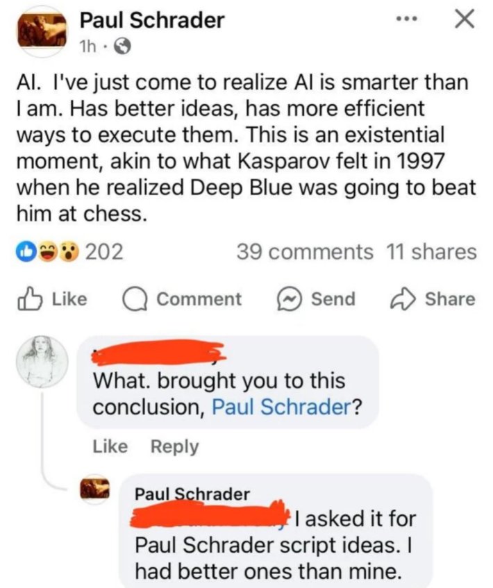 Paul Schrader Facebook post as seen on X