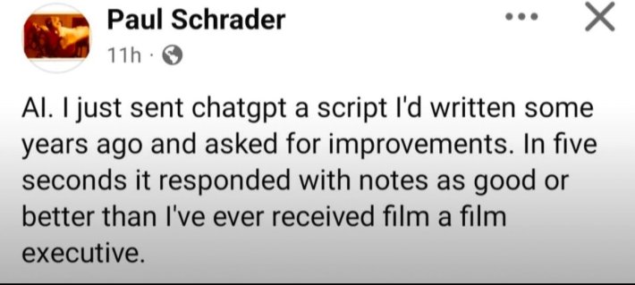 Paul Schrader Facebook post as seen on X
