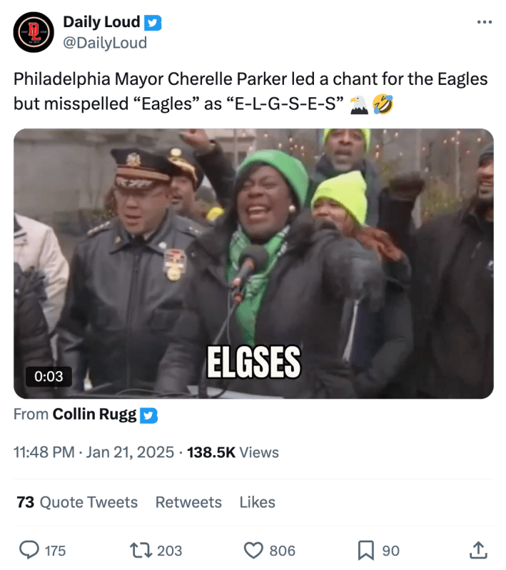 Tweet about the Philadelphia Mayor's Eagles chant. Text reads, "