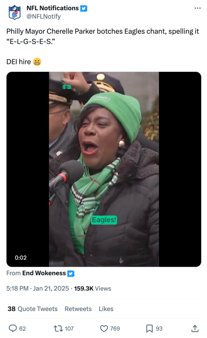 Tweet about the Philadelphia Mayor's Eagles chant. Text reads, "