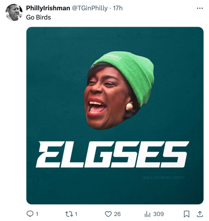 Meme tweet of Mayor Parker, her smiling face in the place of the Eagles logo. Text reads, "ELGSES"