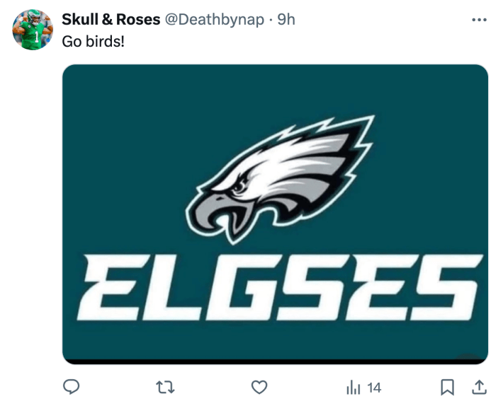 Meme tweet of the Eagles logo. Text reads, "ELGSES."
