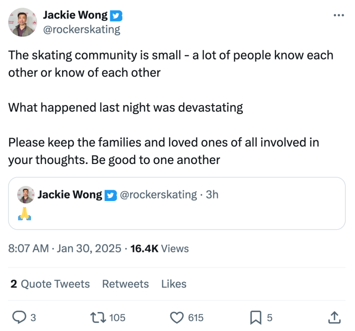 Jackie Wong aka Rocker Skating's response to the American Airlines flight crash. Text reads, "The skating community is small - a lot of people know each other or know of each other What happened last night was devastating Please keep the families and loved ones of all involved in your thoughts. Be good to one another"