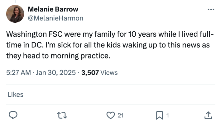 Tweet response to the American Airlines flight crash. Text reads, "Washington FSC were my family for 10 years while I lived full-time in DC. I'm sick for all the kids waking up to this news as they head to morning practice."