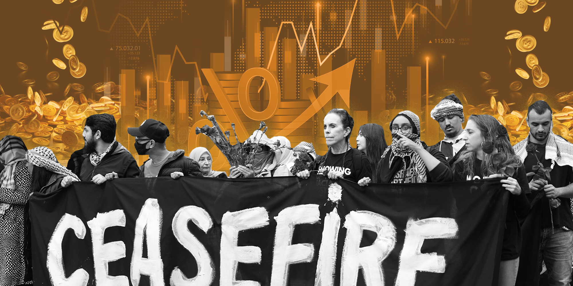 Protesters with golden background