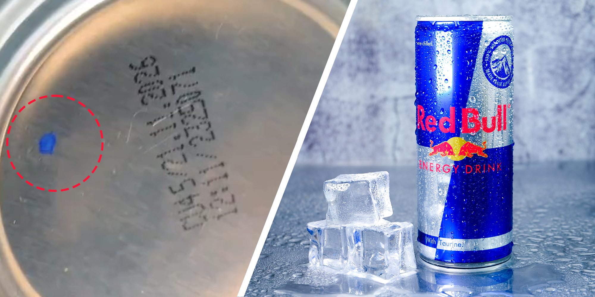 Blue Dot below redbull can highlighted in red circle(l) Red bull near ice cubes(r)