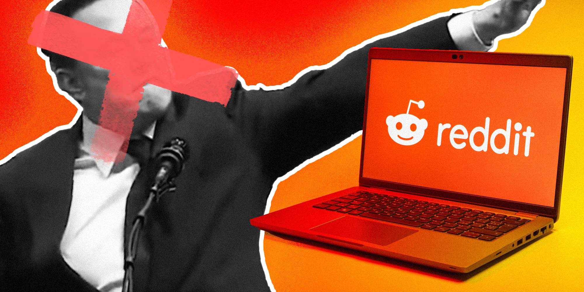 Elon Musk giving nazi salute with x over his face towards a computer that has reddit on the screen