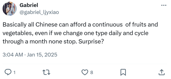 Tweet that reads, "Basically all Chinese can afford a continuous of fruits and vegetables, even if we change one type daily and cycle through a month none stop. Surprise"