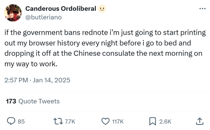 RedNote meme, text reads, "if the government bans rednote i’m just going to start printing out my browser history every night before i go to bed and dropping it off at the Chinese consulate the next morning on my way to work."
