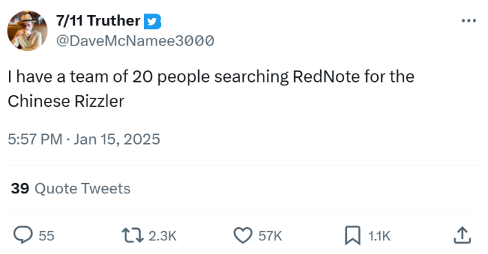 RedNote meme, text reads, "I have a team of 20 people searching RedNote for the Chinese Rizzler"