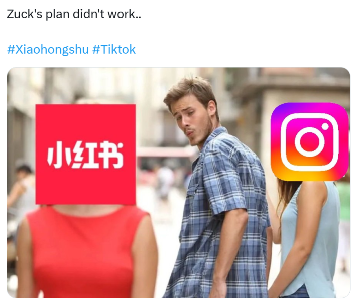 RedNote meme, text reads, "Zuck's plan didn't work.." with the distracted boyfriend meme of RedNote and Instagram.