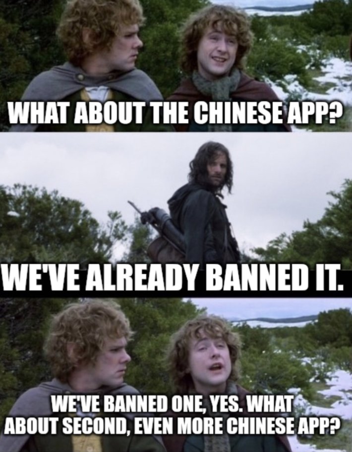 RedNote meme of the hobbits asking Aragorn about second breakfast, text reads, "What about the Chinese app? / We've already banned it. / We've banned one, yes. What about second, even more Chinese app?"