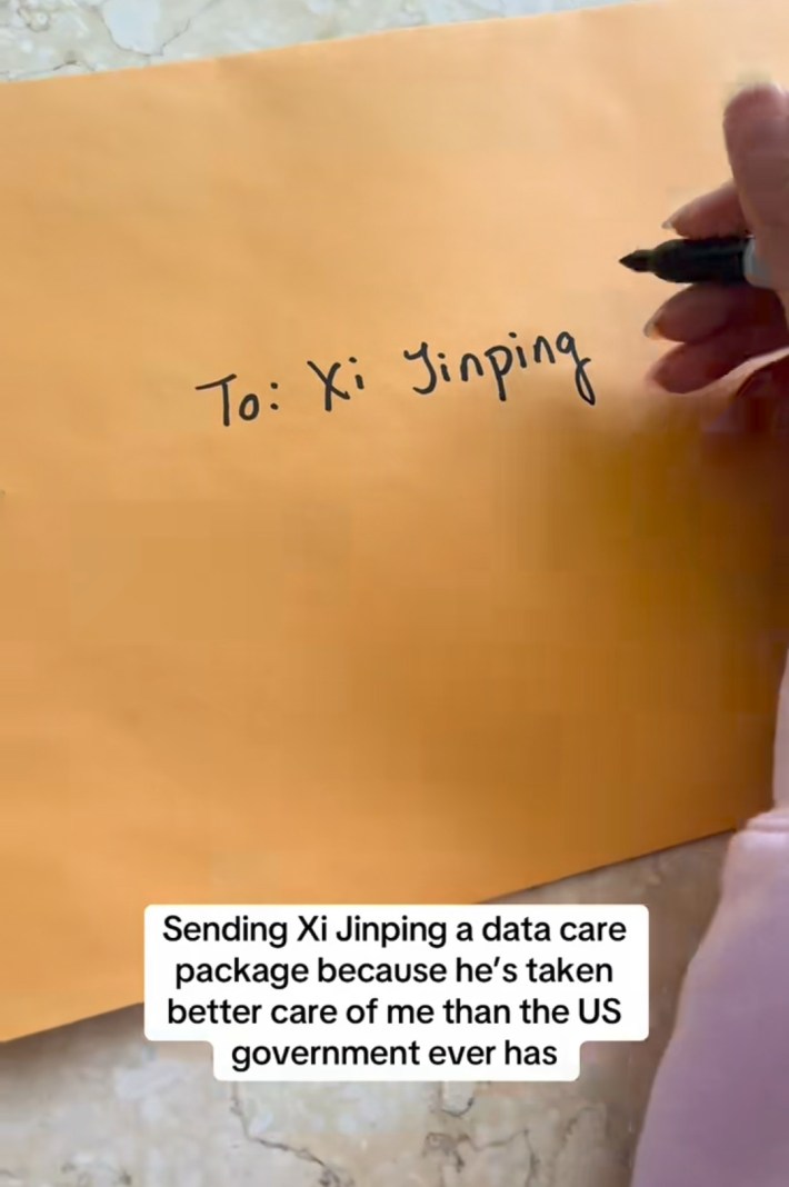 RedNote meme of a manilla envelope labeled, "To: Xi Jinping" Text reads, "Sending Xi Jinping a data care package because he's taken better care of me than the US government ever has."