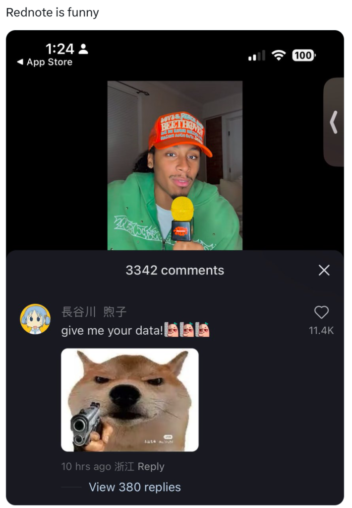RedNote meme with a screenshot from a RedNote post from an American. The comment reads, "give me your data!" with an angry shiba inu holding a gun.