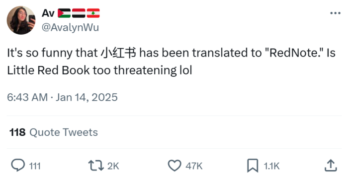 RedNote meme, text reads, "It's so funny that 小红书 has been translated to 'RedNote.' Is Little Red Book too threatening lol"