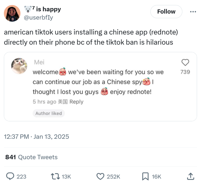 Tweet that reads, "american tiktok users installing a chinese app (rednote) directly on their phone bc of the tiktok ban is hilarious" with a screenshot from RedNote.
