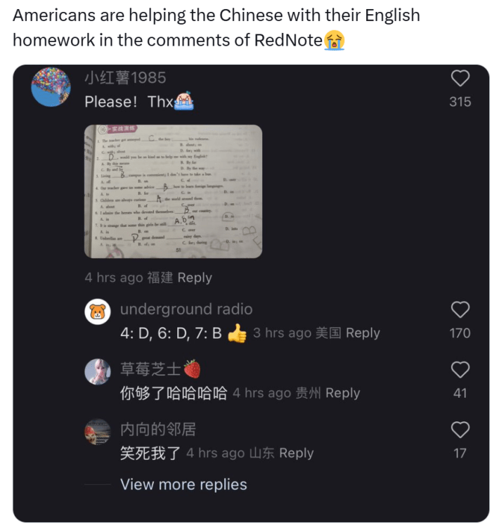 Tweet that reads, "Americans are helping the Chinese with their English homework in the comments of RedNote (sob emoji)" with a screenshot from RedNote.