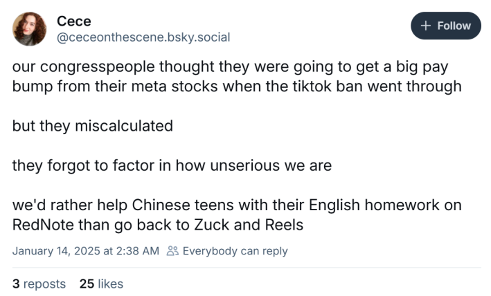 BlueSky post that reads, "our congresspeople thought they were going to get a big pay bump from their meta stocks when the tiktok ban went through but they miscalculated they forgot to factor in how unserious we are we'd rather help Chinese teens with their English homework on RedNote than go back to Zuck and Reels"