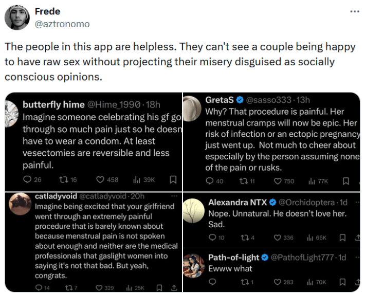 Tweet with screenshots of other tweets and text reading "The people in this app are helpless. They can't see a couple being happy to have raw sex without projecting their misery disguised as socially conscious opinions."