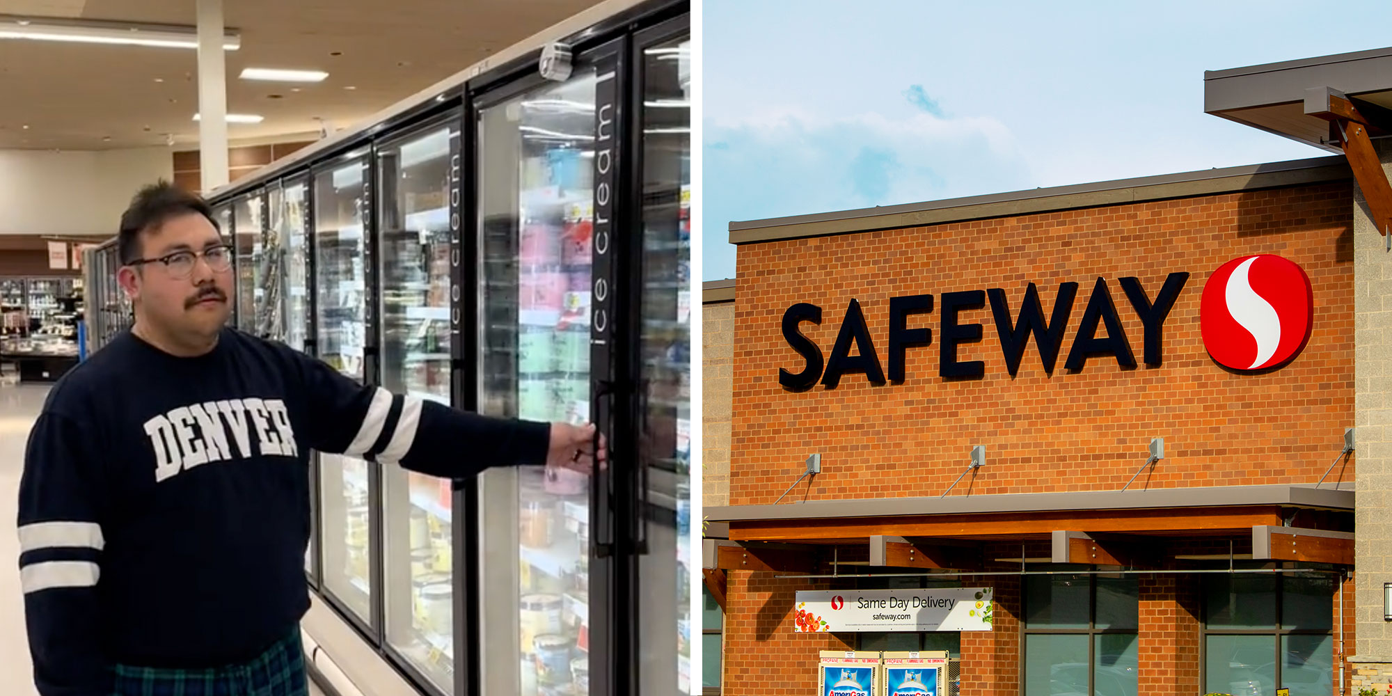Screenshot from @maleautism's Tiktok next to a photo of a Safeway store exterior.