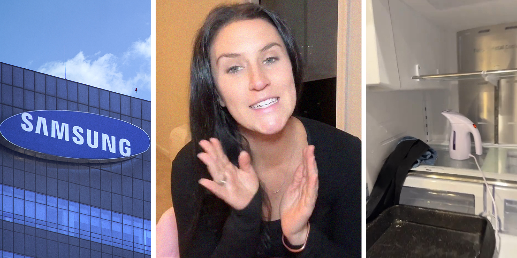 Samsung Building(l) Woman sharing what happened to her fridge(l) Steaming inside of Fridge(r)