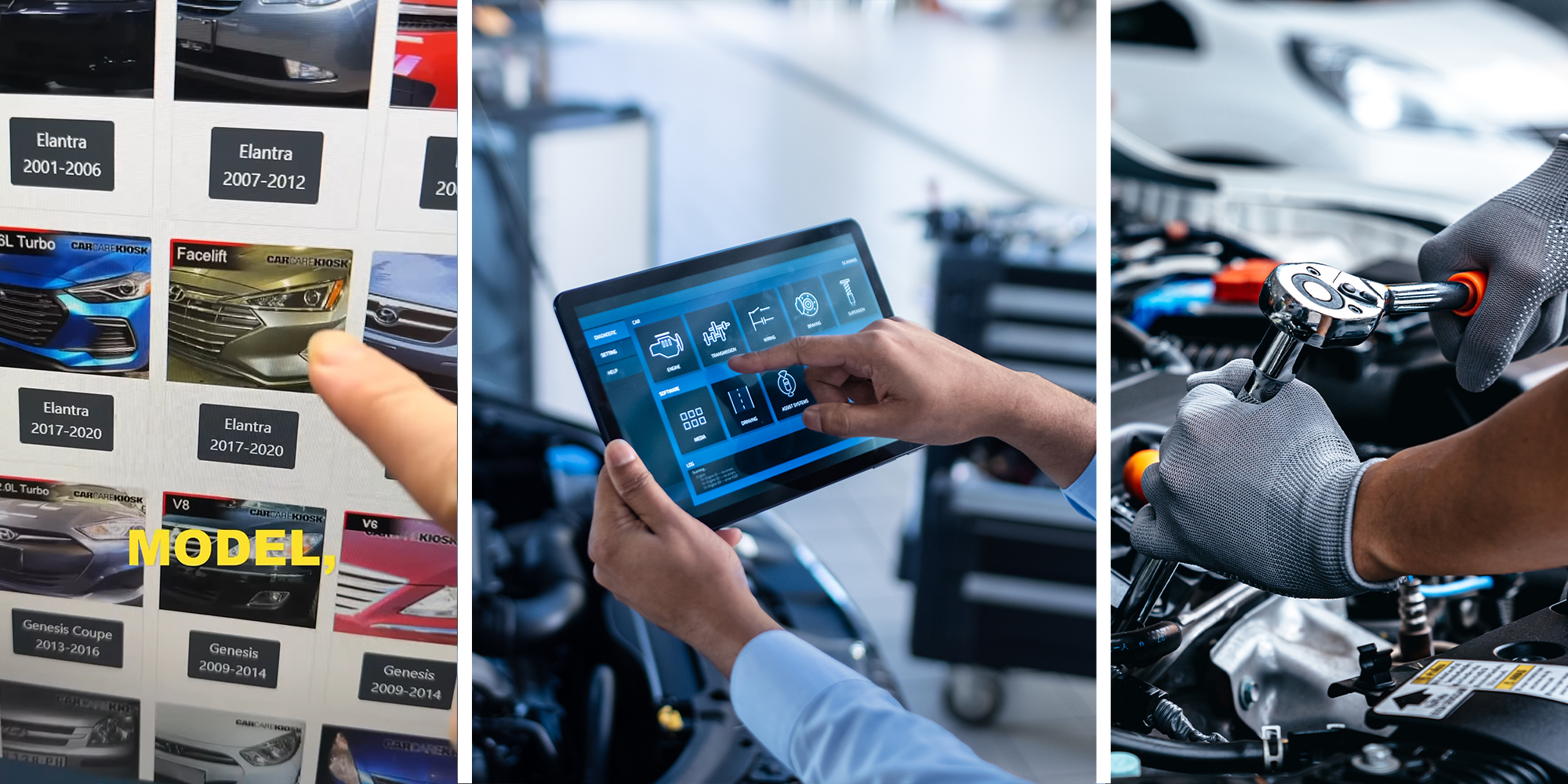 Finger pointing at different Model cars(l) Mechanic with vehicle diagnostic tool(c) Mechanic using tool on engine(r)