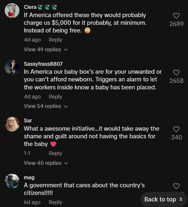Scottish baby boxes TikTok video comments including one reading "In America our baby box’s are for your unwanted or you can’t afford newborn. Triggers an alarm to let the workers inside know a baby has been placed."