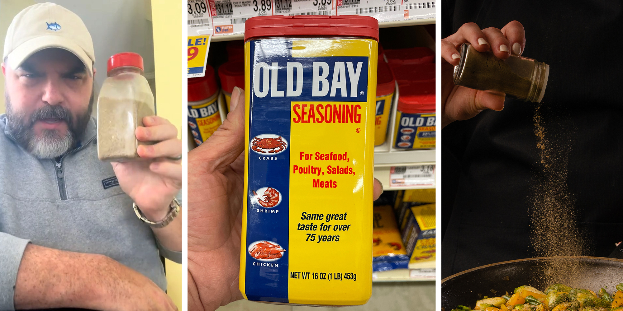 Man holding up container of seasoning(l) Old Bay Seasoning(c) Pouring Seasoning(r)