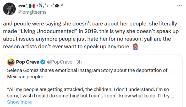 Tweet reading "and people were saying she doesn’t care about her people. she literally made “Living Undocumented” in 2019. this is why she doesn’t speak up about issues anymore people just hate her for no reason. yall are the reason artists don’t ever want to speak up anymore."