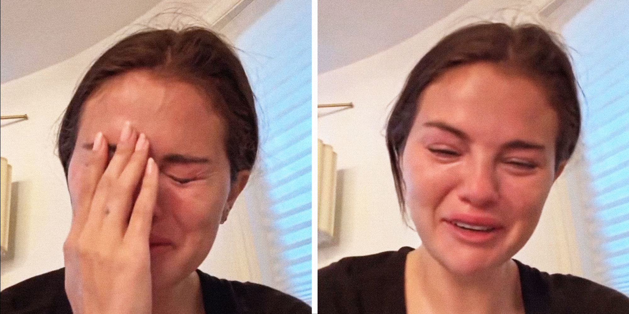 2 panel image showing Selena Gomez crying.