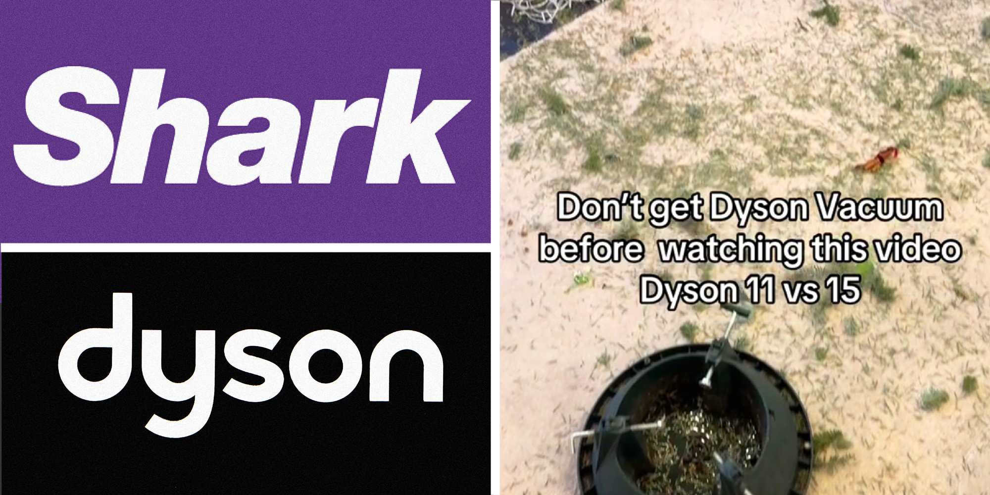 3 panel image showing the Shark logo, the Dyson logo, and a messy floor with text over: Don't Get Dyson Vacuum before watching this video Dyson 11 vs 15.