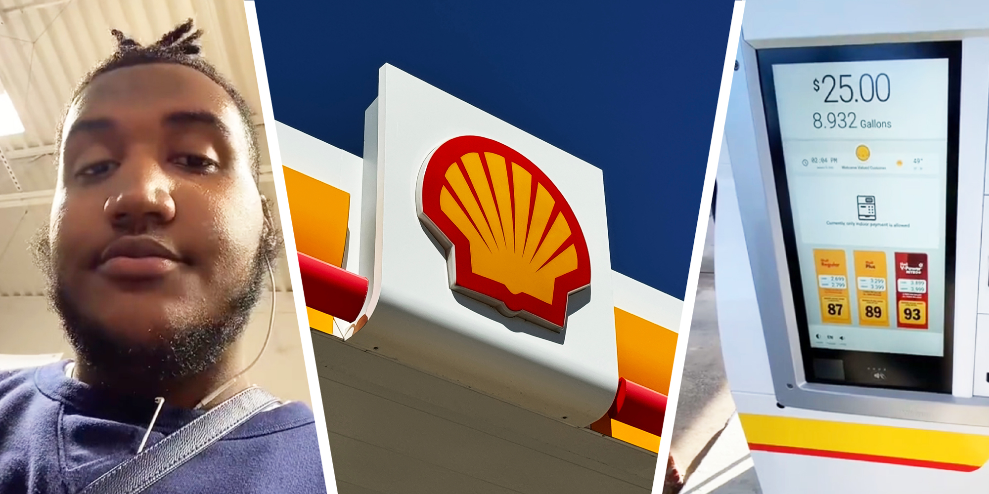 3 panel image: on the left a person explaining, in the middle the Shell gas station logo, and on the right a gas pump touch screen.