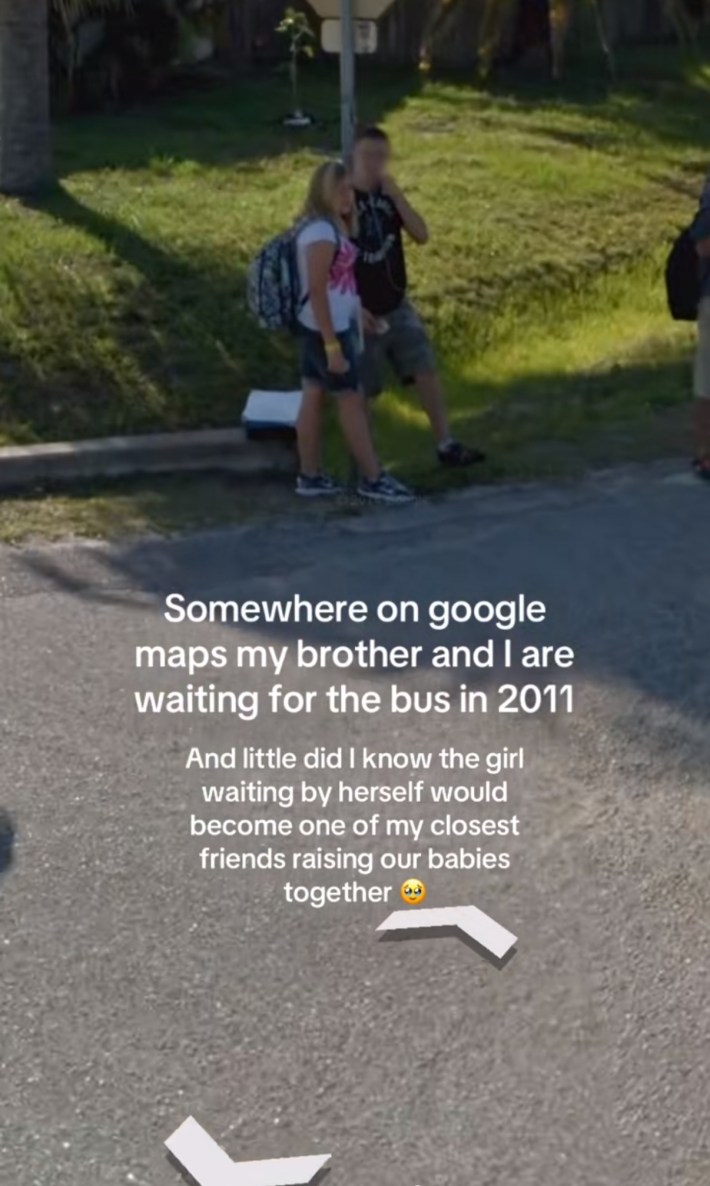 Somewhere on Google trend screenshot of a group of kids waiting for their school bus. Text overlay reads, "Somewhere on Google maps my brother and I are waiting for the bus in 2011. And little did I know the girl waiting by herself would become one of my closest friends raising our babies together."