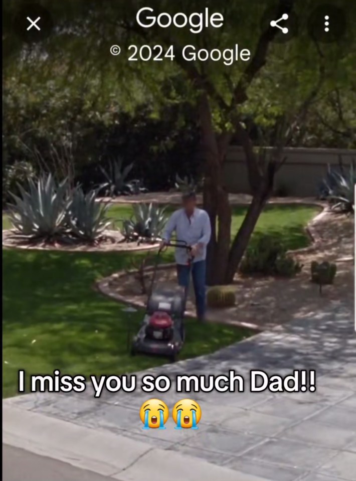 Somewhere on Google trend screenshot of a man mowing a front lawn. Text overlay reads, "I miss you so much Dad!! (sob emojis)"