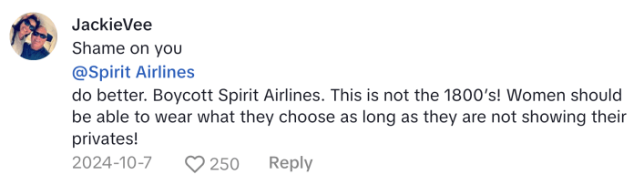 TikTok comment about Spirit Airlines dress coding. Text reads, "Shame on you @Spirit Airlines do better. Boycott Spirit Airlines. This is not the 1800’s! Women should be able to wear what they choose as long as they are not showing their privates!"