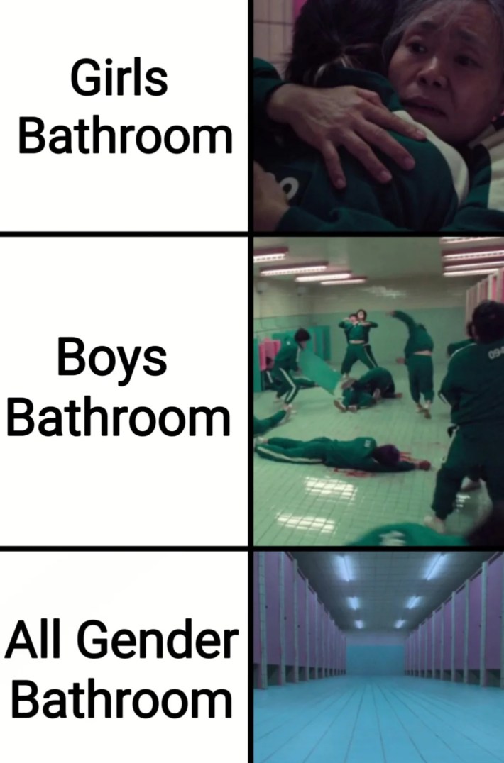 girls bathroom, boys bathroom, all gender bathroom squid games season 2