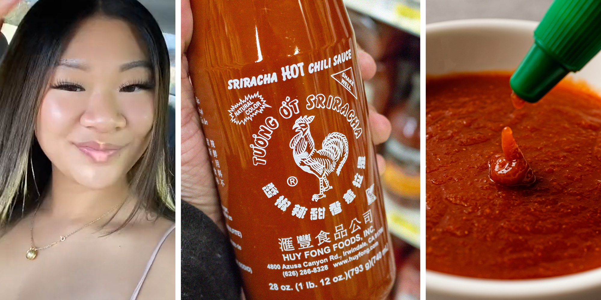 woman shares new sriracha look at store(l) Person holding bottle of Sriracha Hot Sauce(c) Tip of Sriracha sauce dripping(r)