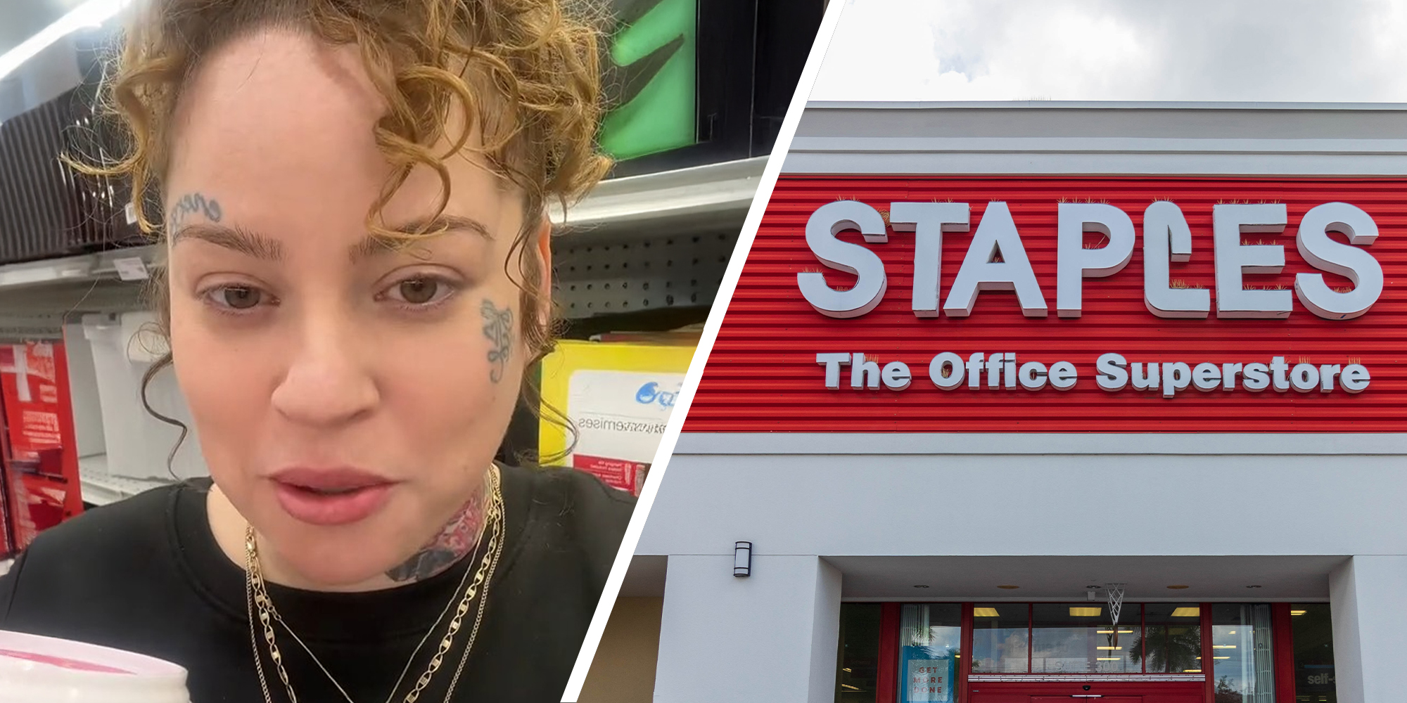 woman shares story shopping at staples(l), Staples office store front(r)