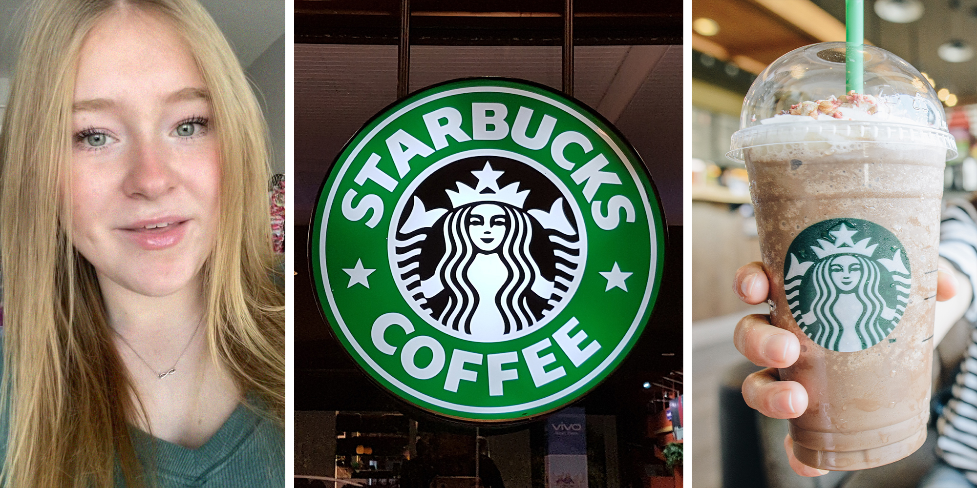 Blonde Woman smiling(l) Starbucks Coffee Sign(c) Starbucks Cup(r)