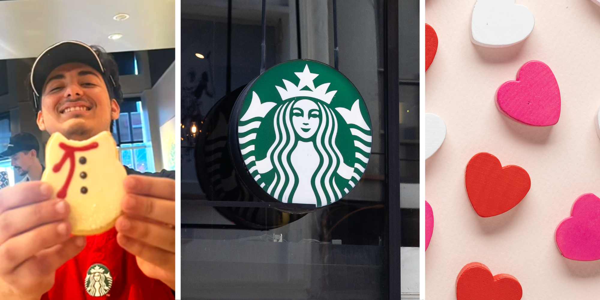 3 panel image: on the left is a Starbucks barista, in the middle a Starbucks logo, and on the right Valentine's Day hearts.