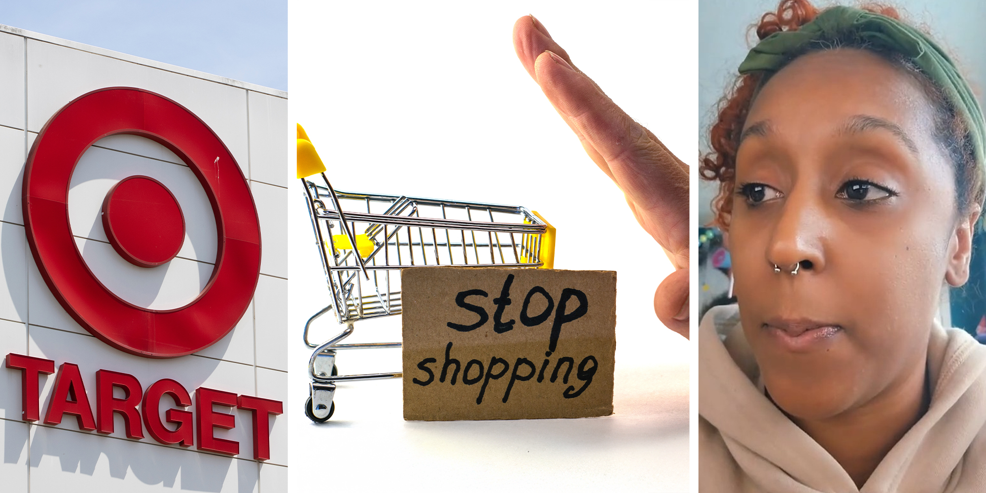 Target Store Sign(l) Stop shipping sign near toy cart while hand blocks it(c) Woman looking shocked(r)